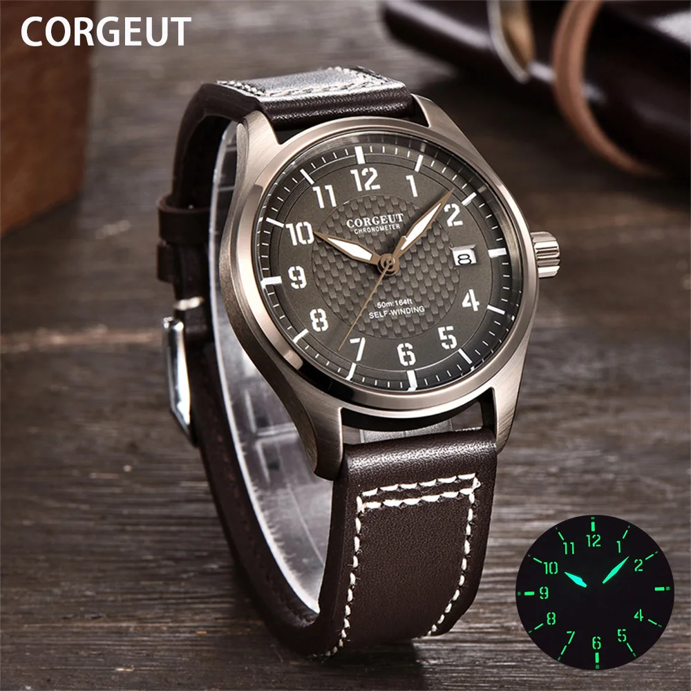 

CORGEUT Casual Fashion Man Watch Leather Top Brand Luxury Watches Waterproof Luminous Simple Mechanical Wristwatch Мужские часы
