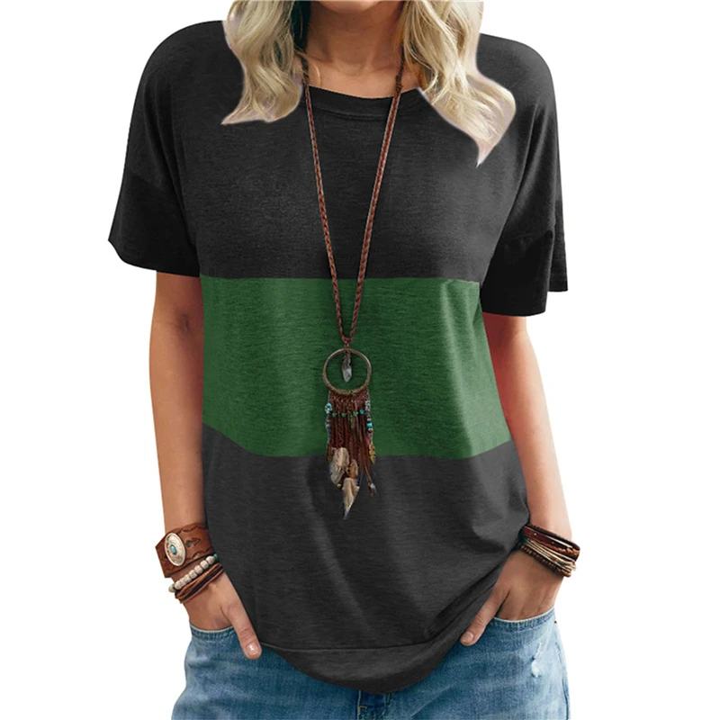 

Women Casual T Shirt Summer Striped Patchwork S-2XL Ladies 2021 Loose Short Sleeve T Shirt O Neck Tops