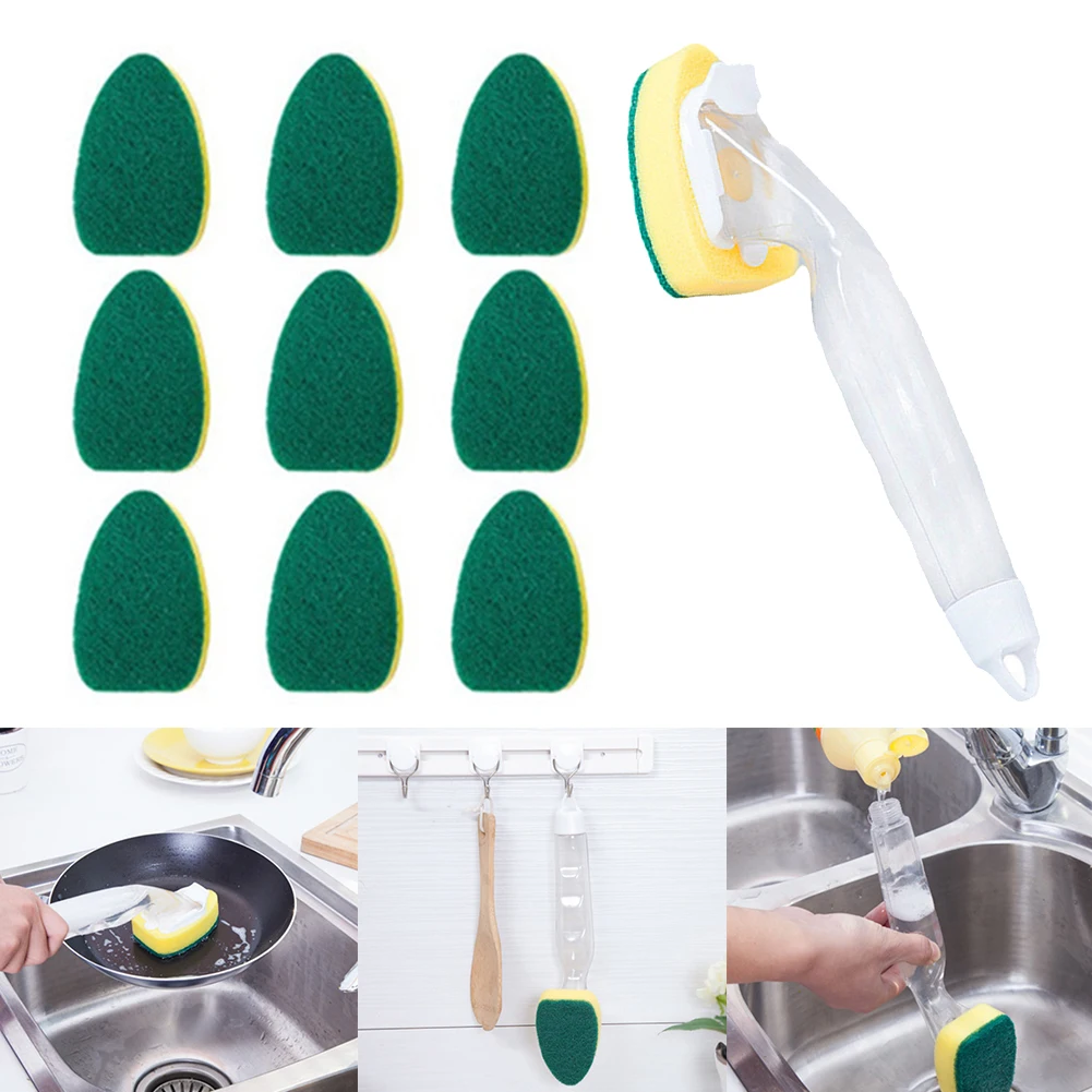 

Cleaning Brush Set with Washing Handle Sponge Replacement Head Soap Dispensing Dish Kitchen Sink Scrubber Cleaning Tool