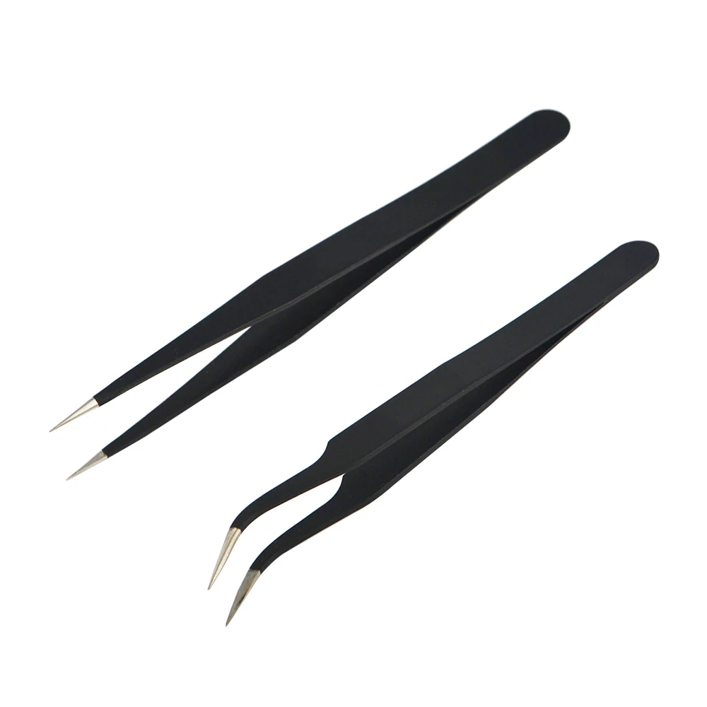 

2pcs Stainless Steel Black Curved Straight Tweezers Set Anti-static Precision Soldering Tweezers Electronic ESD Tweezers Tool