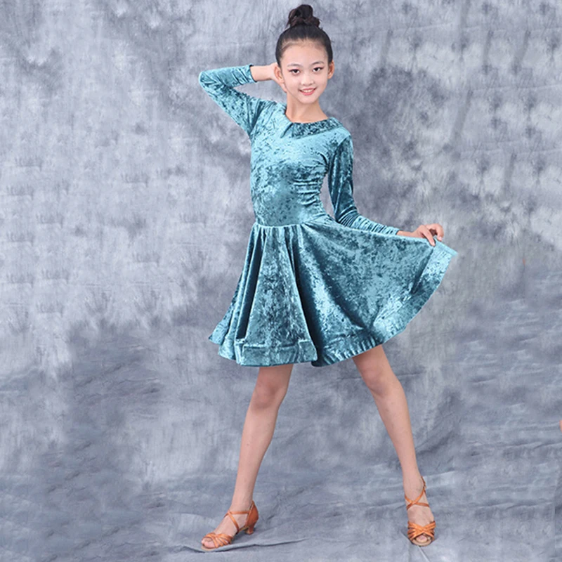 Детское платье для латиноамериканских танцев синее с длинным рукавом