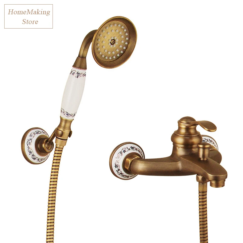 Смеситель для душа в европейском ретро стиле настенный античный латунный кран