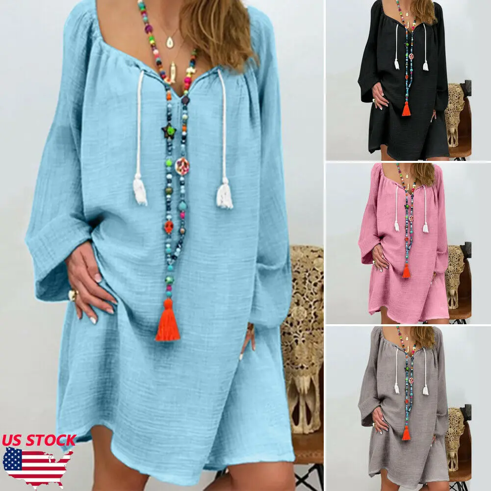 Женское Свободное платье в стиле бохо Повседневный пуловер с длинными рукавами и