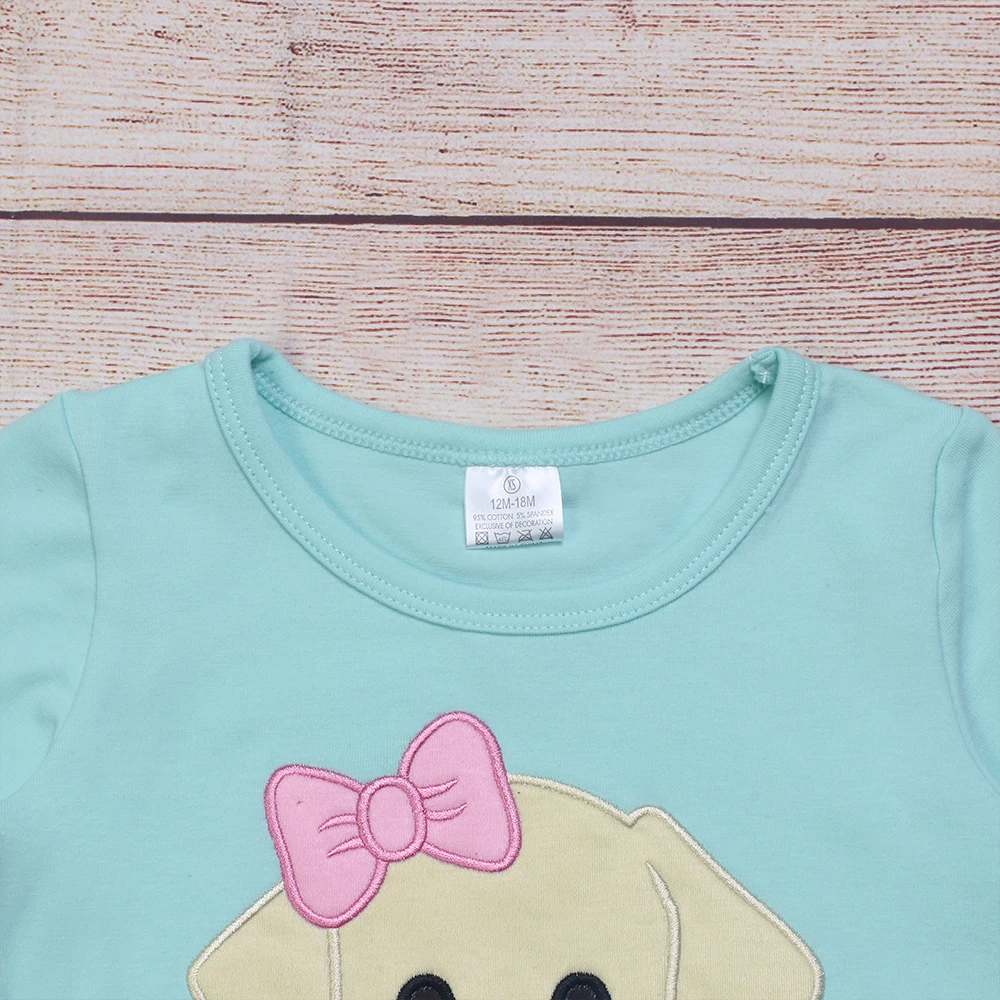 Ropa de oto&ntilde;o para ni&ntilde;as, Top de manga larga azul y pantalones a rayas rosas, con lazo rosa, bordado con cabeza de perro, trajes para ni&ntilde;as-2