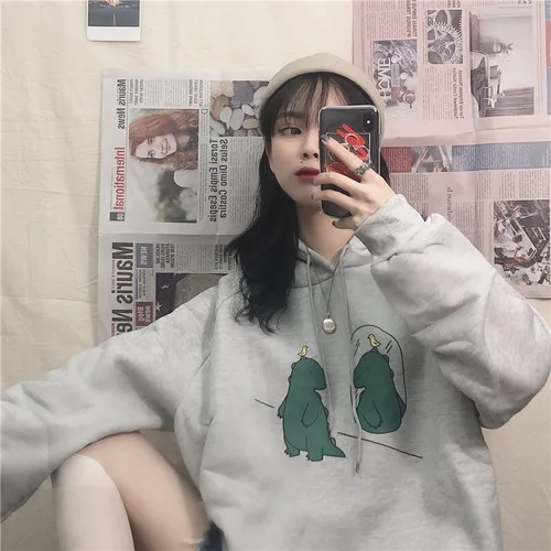 Cartoon Dinosaurs Printed Casual Loose Basic Black Simple College Wind Cute Fresh Hot Sale Winter Female Women Hoodies