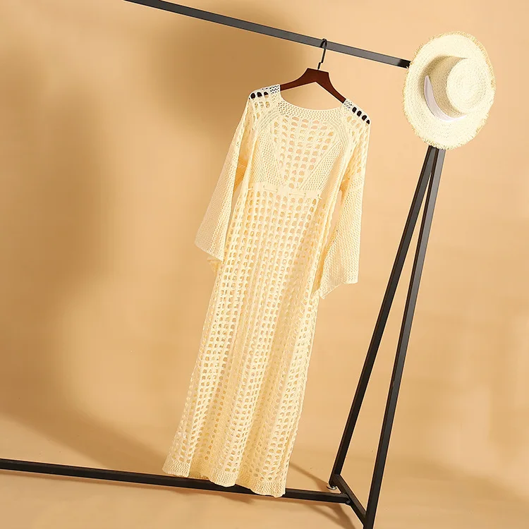 

2021 Summer New Sexy Hollow Knitted Beach Skirt Long-Sleeved Split Skirt Holiday Long Skirt Swimsuit Outer Cover
