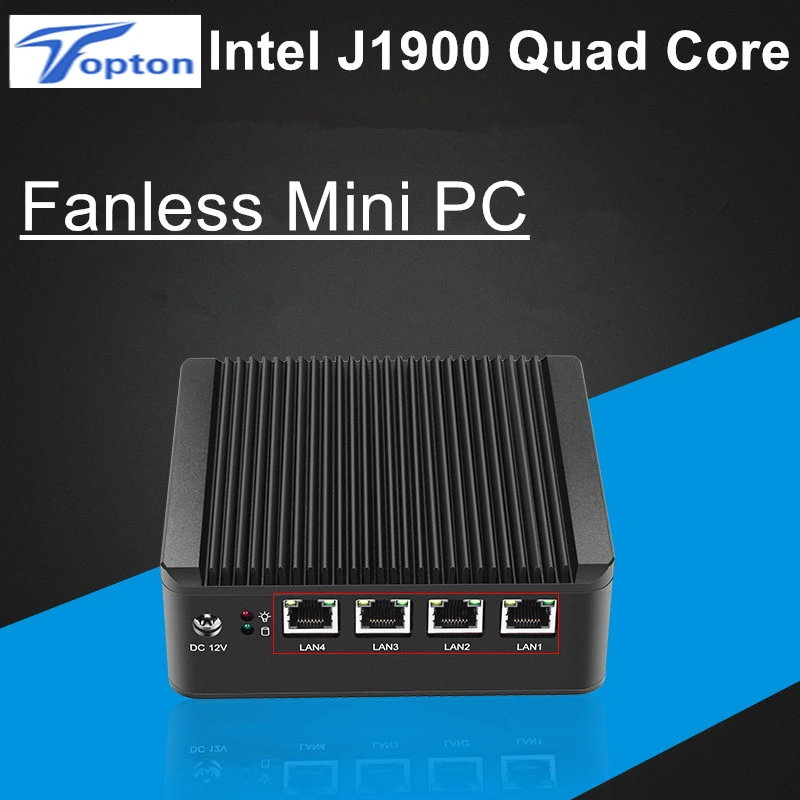 Topton безвентиляторный неттоп Мини ПК J1900 Четырехъядерный 4 * Intel WG82583 Gigabit Lan