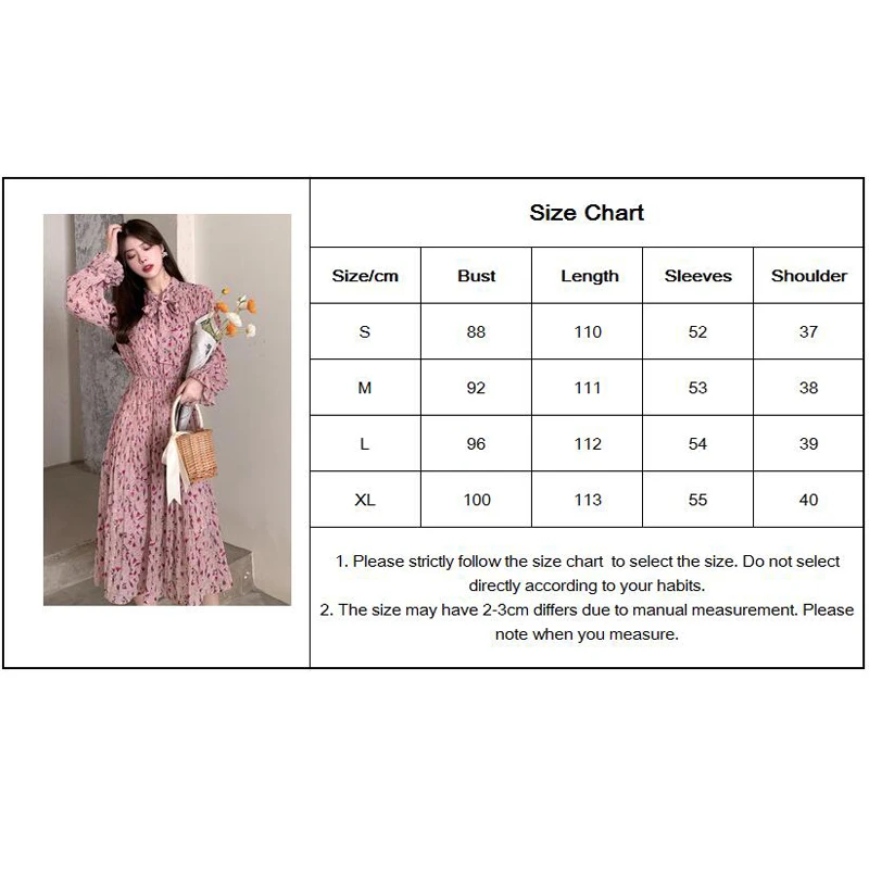 

Floral Print Dress Women Long Sleeve V Neck Bow Midi Calf Loose Pink Korean Spring Autumn Dresses Clothings For Woman vestidos