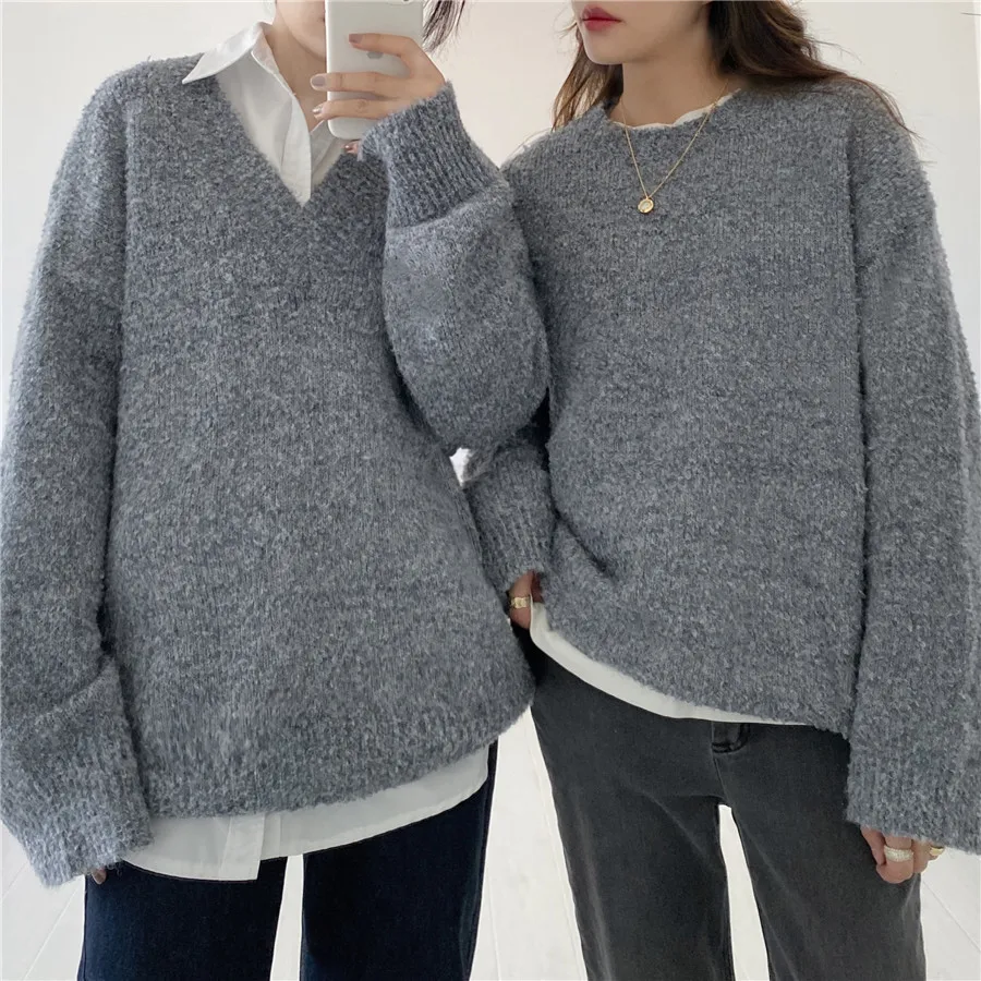 

Korean Solid Knitted Pullover Jumpers Women 2021 Spring Autumn Full Sleeve Fashion Loose Female Sweaters Tops Femme