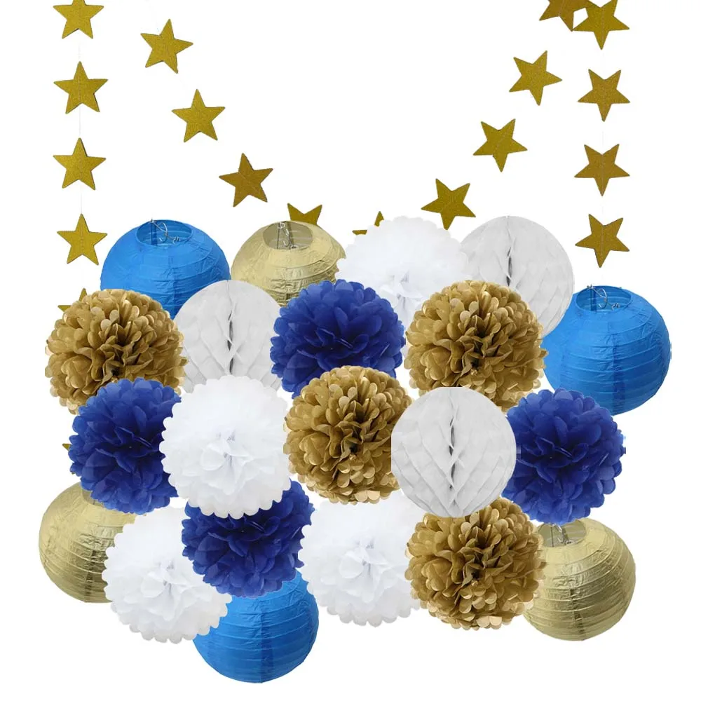 Gold Royal Blue Set Лидер продаж 22 шт./компл. золото/черный/белая Круглая Бумажная Фонари Выпускной 50th День рождения одолжение рождественское год висит Изделия из бумаги - Color: Gold Royal Blue Set