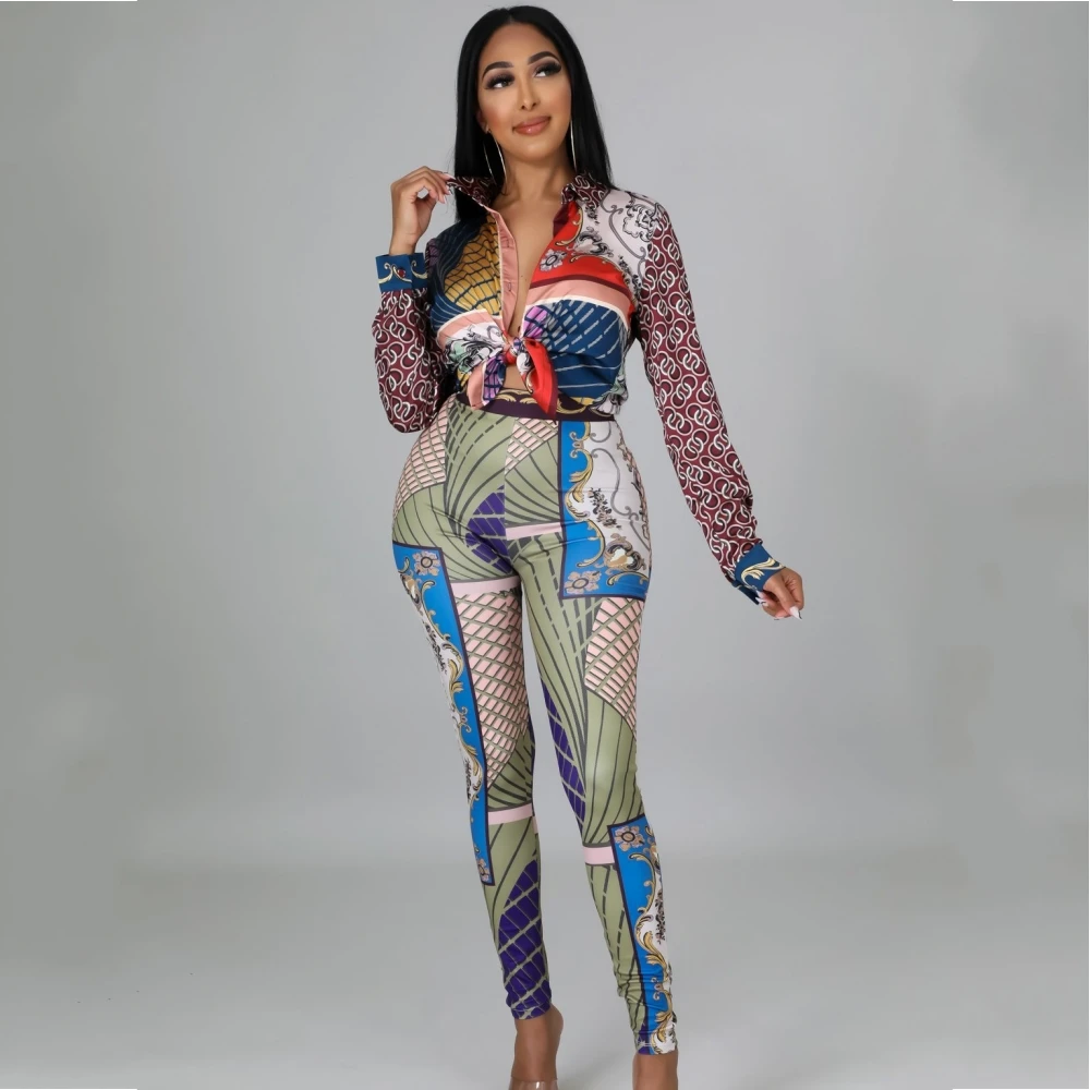 

Женский спортивный костюм из двух предметов, рубашка с длинным рукавом и принтом, блузка и брюки, облегающая модная уличная одежда, весна-ос...