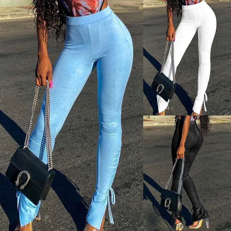 

2021 Solid Color Side Split High Waist Bodycon Pencil Pants Women's Casual Streetwear Active Trousers Fashion Lace Up