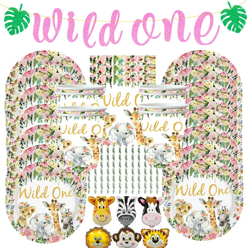 Джунгли посуда в виде животных комплект и надписью Wild One День рождения Декор для