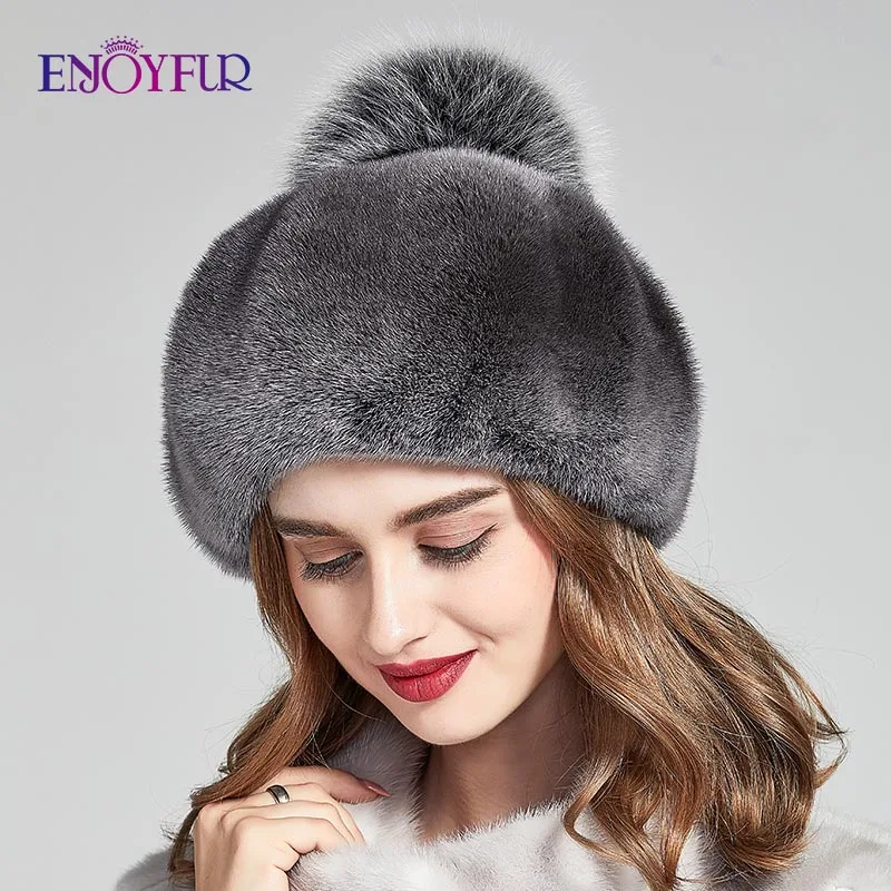 ENJOYFUR полностью из норки меховые зимние шапки для женщин роскошный натуральный мех шапка с помпоном Женская мода восьмиугольная шляпа новые теплые шапочки