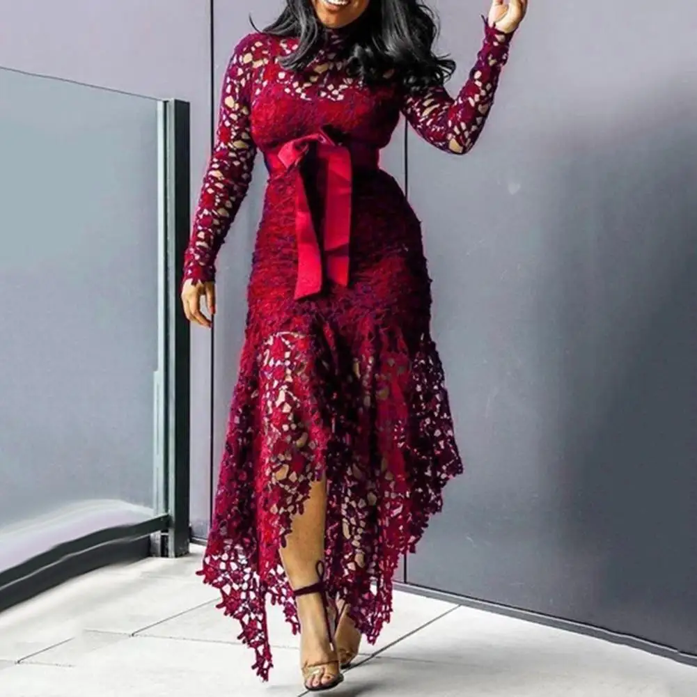 

Women Long Sleeve Bow Belted Irregular Hem Hollow Lace Sexy Bodycon Long Dress Fashion Women Dress Office Lady Dress Vestido