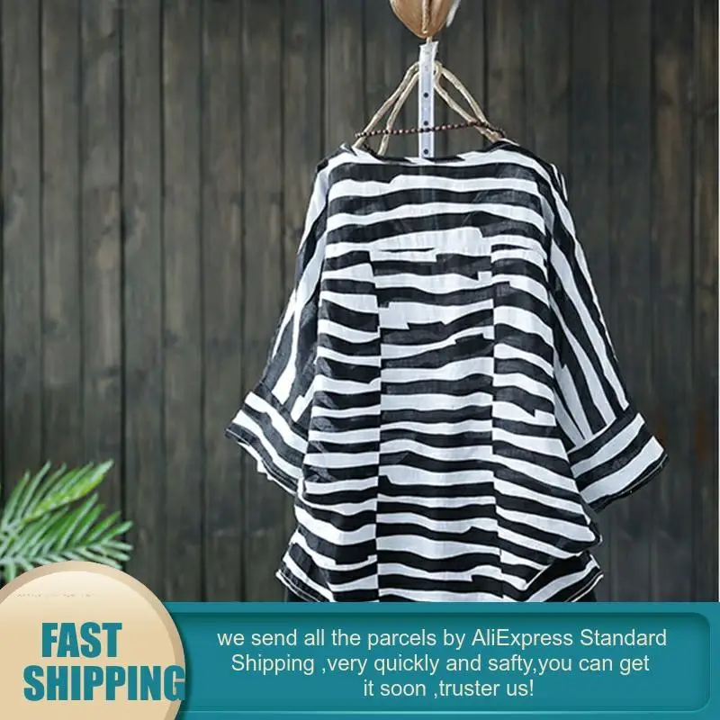 Loose Striped Cotton Linen Blouse Women Casual Plus Size High Quality Tunic Korean Style Thin Summer New Women's Shirts Blusas | Женская