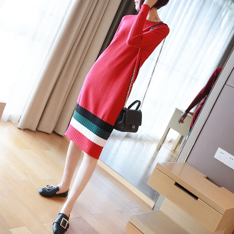 

Fashion hit color long-sleeved knit dress new winter 2019 women's striped sweater dress and long sections bottoming
