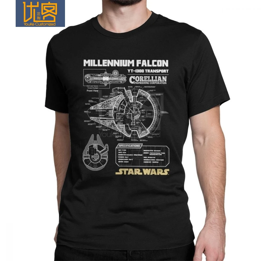 Men T Shirt Star Wars T-Shirts Millennium Falcon Schematics Awesome Short Sleeves Tee Clothing Purified Cotton Original |