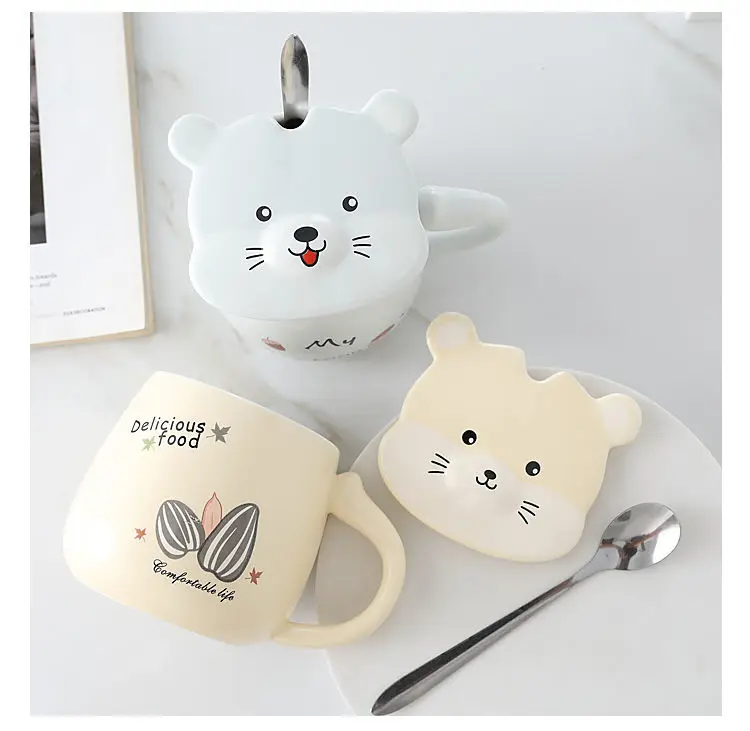 

450ml Cartoon Hamster Ceramic Mug Glass Creative Cute Couple Cup Coffee Milk Cup Office Cup with Lid Spoon Girl Gift