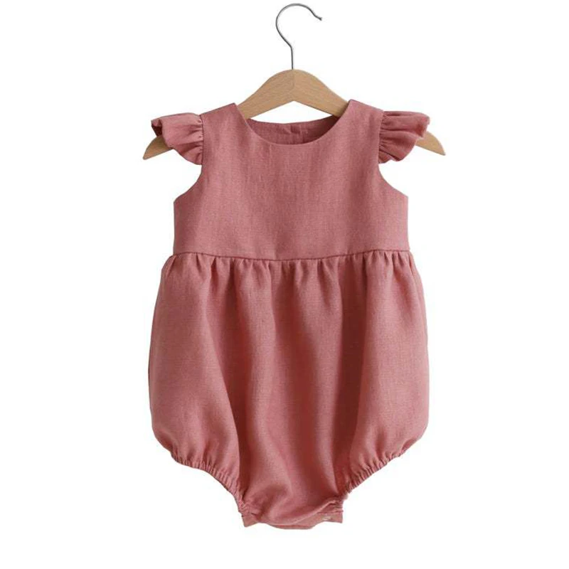 

Solid Flying Sleeve 0-2 Years Baby Girl European American Romper 2021 Summer Sleeveless Newborn Cotton Kids Bodysuit Overalls
