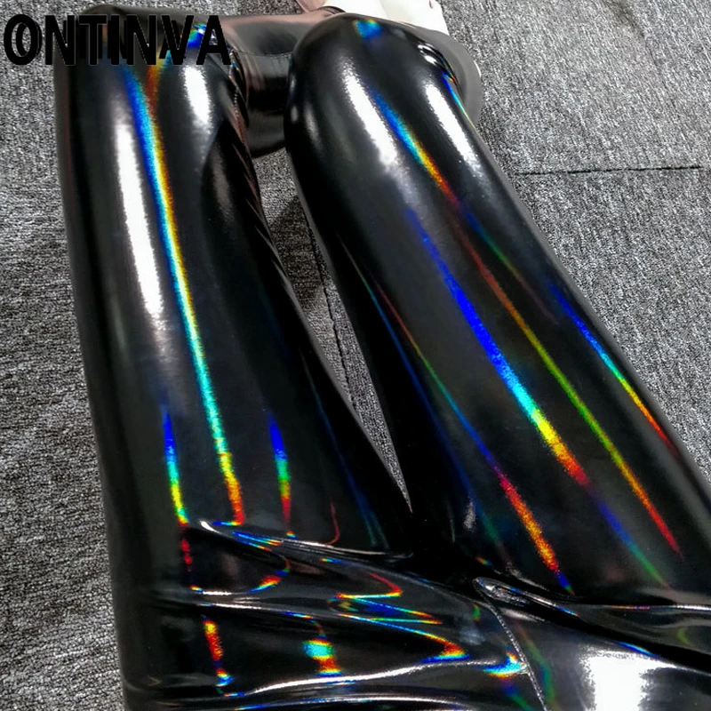 Дамы с мокрым эффектом леггинсы из искусственной кожи черные обтягивающие