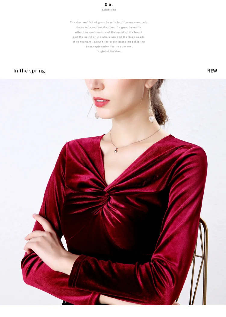 Сексуальный крест-накрест v-образным вырезом бархатные женские Blusas осень зима сексуальные велюровые рубашки Blusas Тонкий Топ Блузка Femme футболки со складками