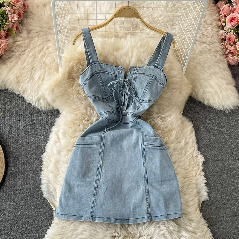 

Amolapha Women Denim Sundresses Backless Sleeveless Bandage Sling Sexy Slim Chic Jean Mini Dresses Vestidos