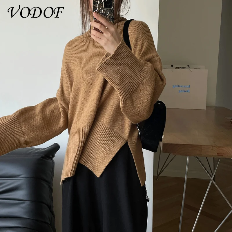 VODOF Women Fashion Solid Knit Sweater Top Long Sleeves High Neck Vintage Female Knitted Sweaters Pullover Chic Tops