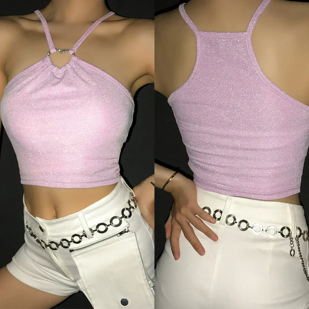 

Summer Tanks Women Halter Neck Heart Hook Bling Bright Silk Criss-Cross Cami Sleeveless Crop Top Backless Party Clubwear Casual