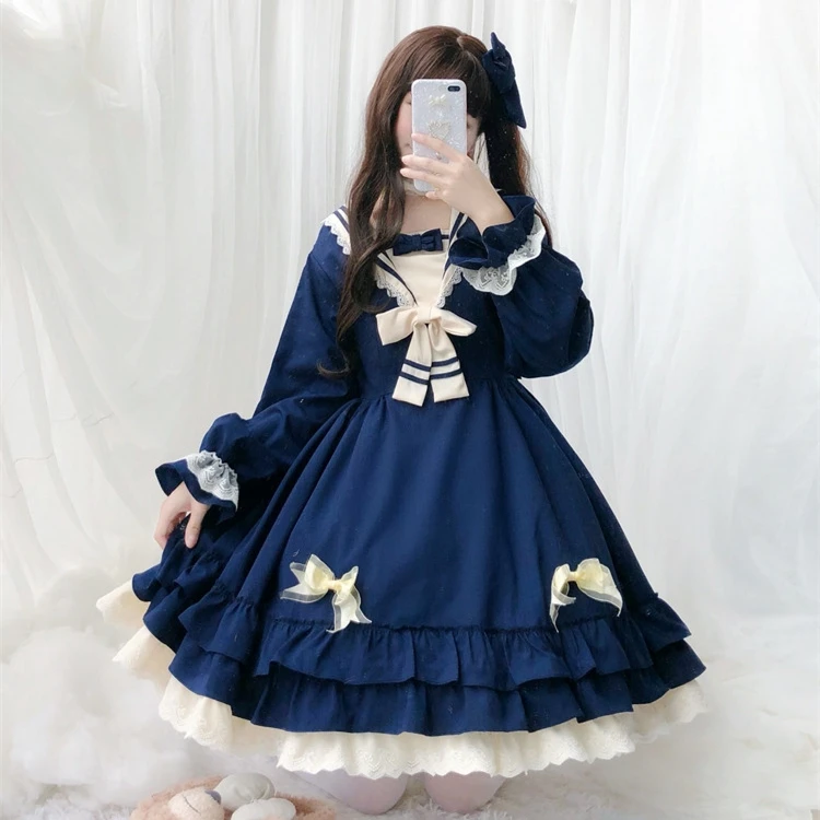 

Japanese college style sweet lolita dress vintage lace bowknot high waist victorian dress kawaii girl gothic lolita op loli cos