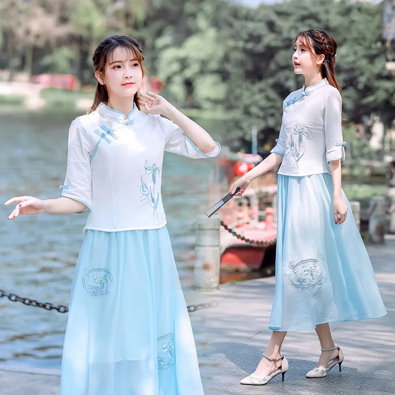 

Oriental clothing Literary small fresh embroidered chiense summer cotton and linen shirt chiffon skirt two-piece suit women