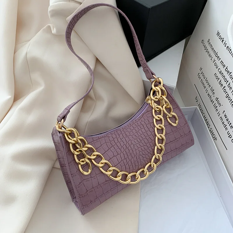 

Women Crocodile Pattern Armpit Bag French Minority Single Thick Chain Shoulder Bag Diagonal Cross Bag baguette