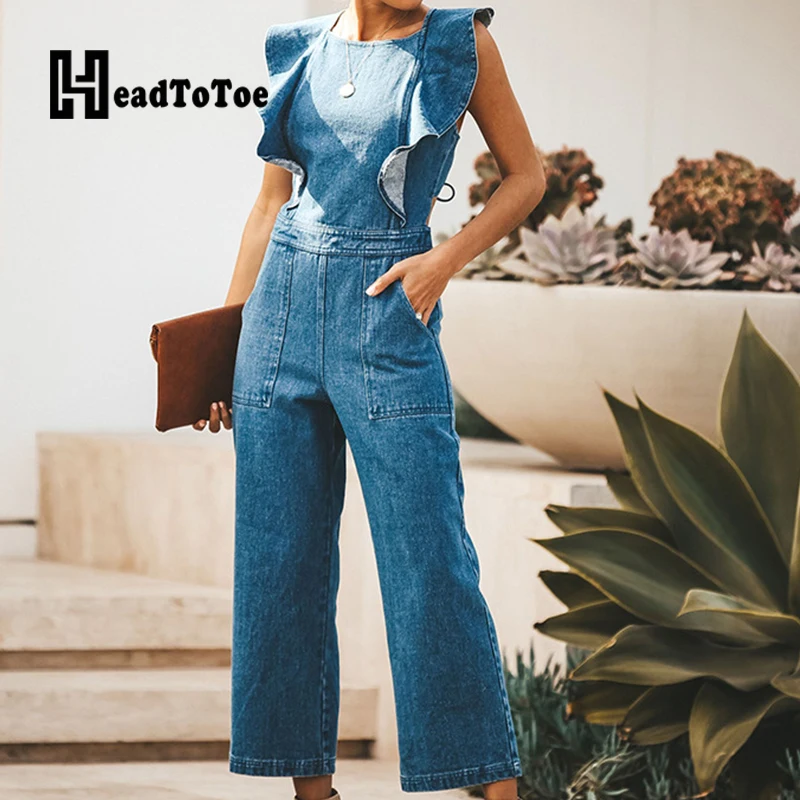 

backless pocket design ruffles denim rompers womens jumpsuit