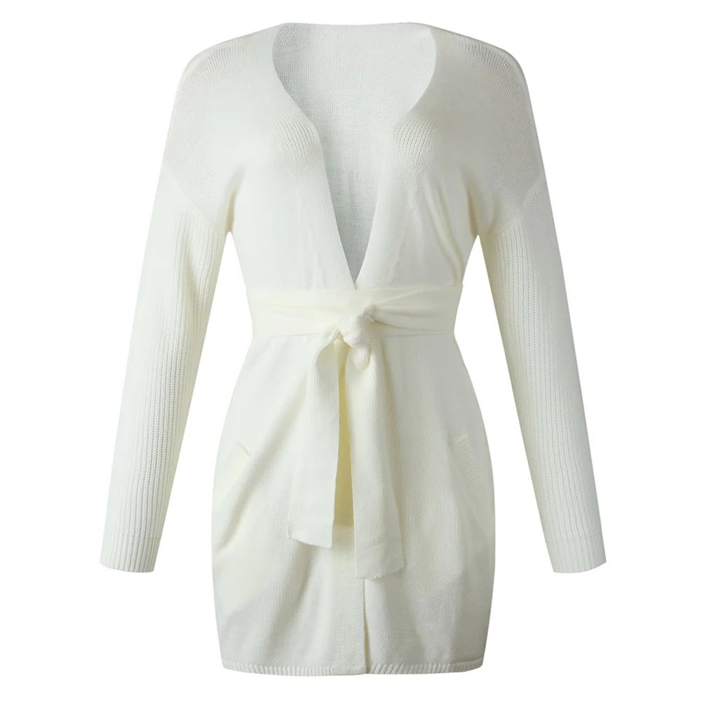 Casual Women Autumn Solid Color Open Front Sweater Cardigan Pockets Belt Coat |