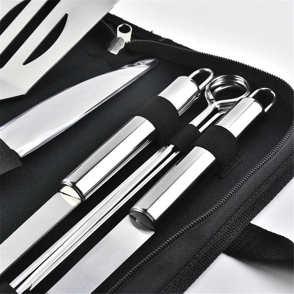 9pcs/set Stainless Steel BBQ Tools Set Barbecue Grilling Kit Knife Fork Shovel Brush Clip Skewers With Oxford Bag Utensil |