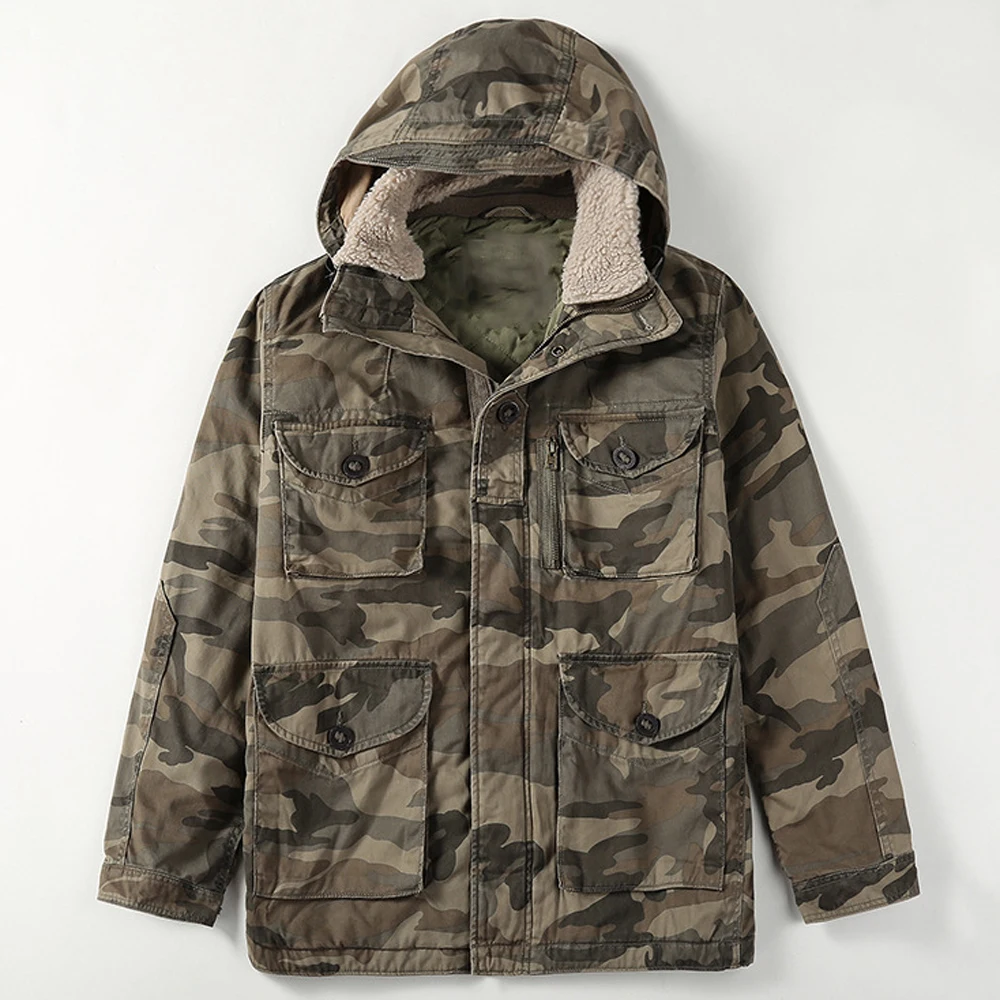 Trench Coat Cotton Padded Hooded Down Coats Men Winter Woolen Collar Camouflage Jacket Windbreaker Military Coat Man Clothing
