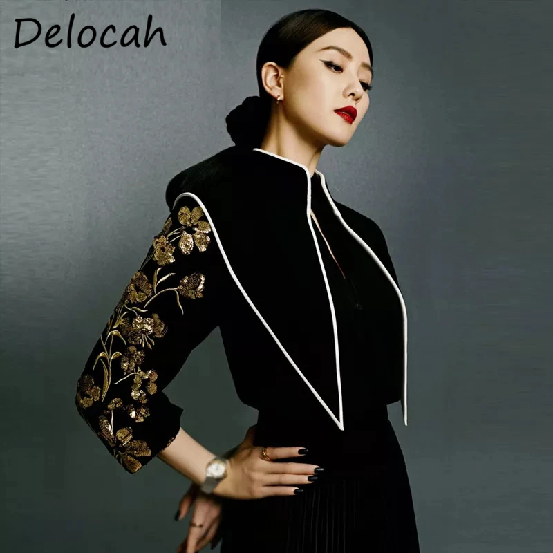 

Delocah новые 2021 женская летняя обувь модные взлетно-посадочной полосы вечерние длинное платье с рукавами-фонариками с высокой талией, украшен...