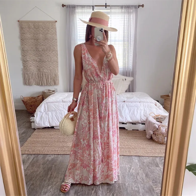 

2020 Fashion Casual Women Print Dress Bohemian Style Summer Sexy V-neck Maxi Dress Sleeveless