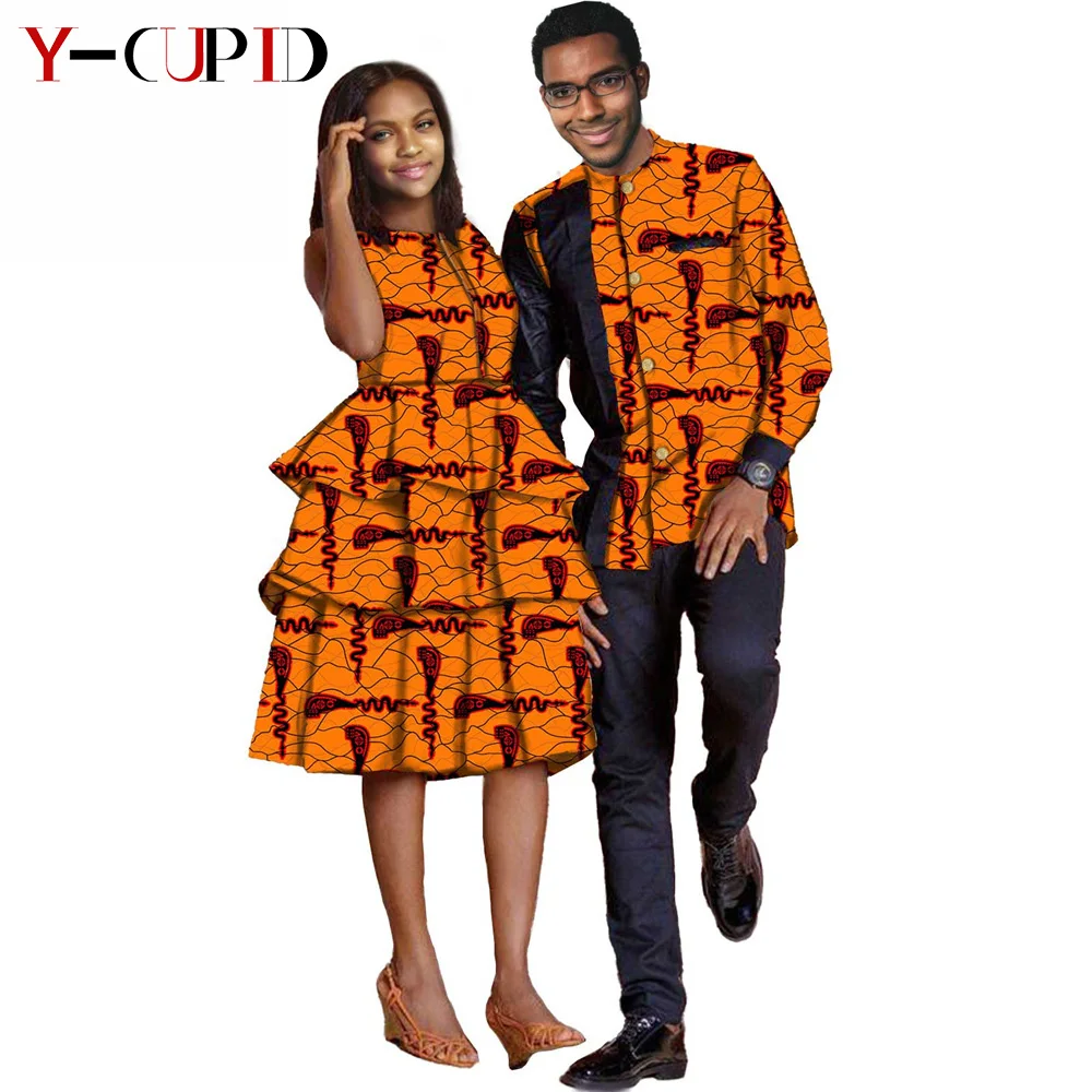 African Clothes for Couples Women Ankara Print Mulit Layer Dresses Matching Men Outfits Shirt and Pants 2 Pieces Sets Y21C006