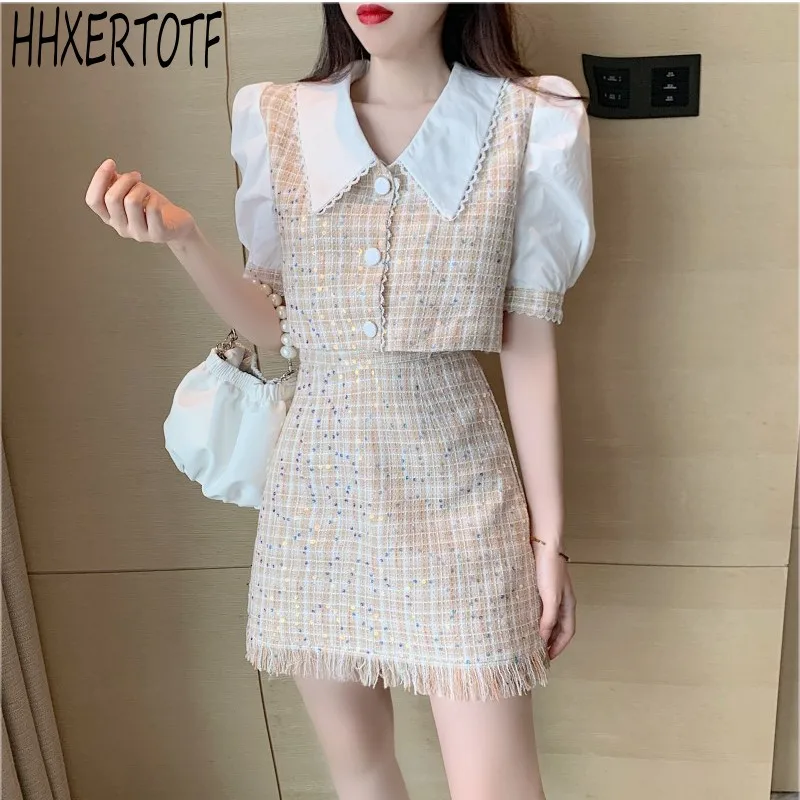 

2021, лето, модные привлекательные туфли с блестками твид комплект одежды из 2 предметов для женщин с рельефным горошком и оборками на рукавах ...