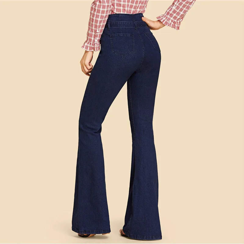 

Autumn Winter Women Bell Bottom Jeans Fashion Bowknot Lace Up High Waist Wide Leg Black Pants Female Vintage Blue Flare Jeans