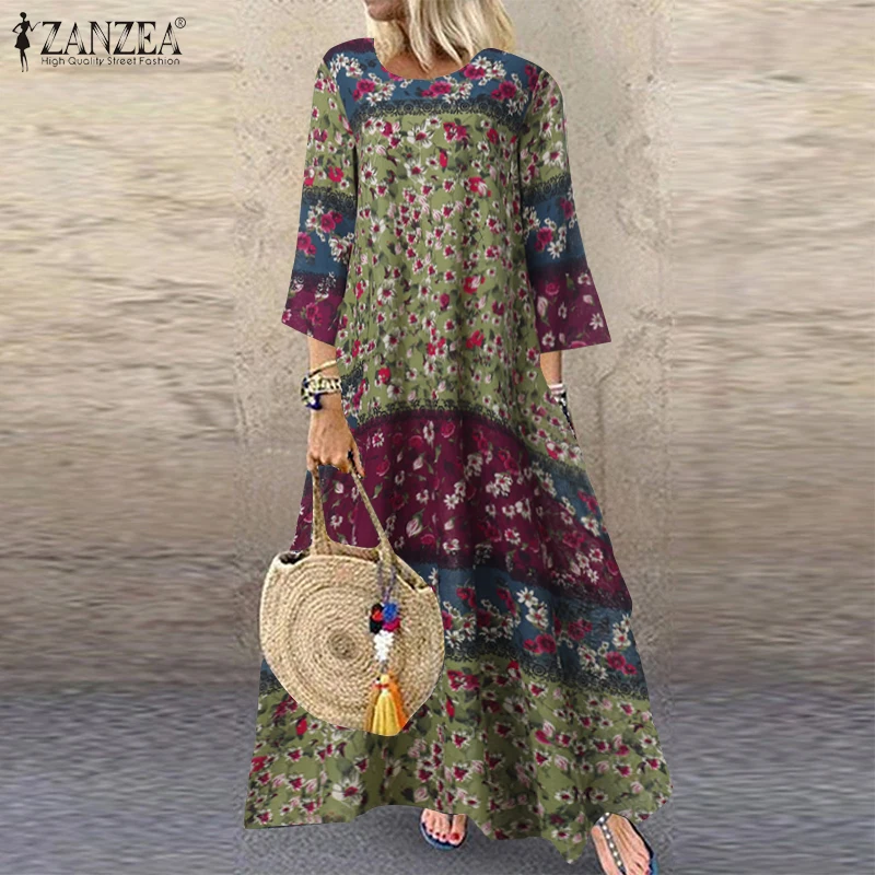 Floral Green ZANZEA/осень 3/4, длинное платье с рукавом в горошек, винтажное женское хлопковое льняное платье, Женский кафтан, Vestido Femme, сарафан - Цвет: Floral Green