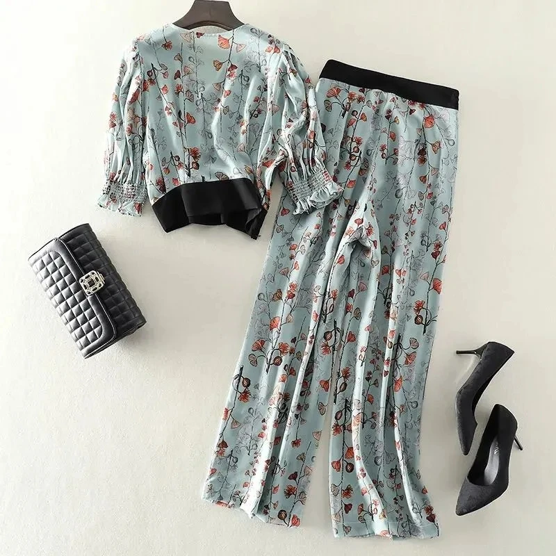 

pants suit women's plus size summer new style Korean version of short lantern sleeve shirt floral wide leg pants two-piece suit