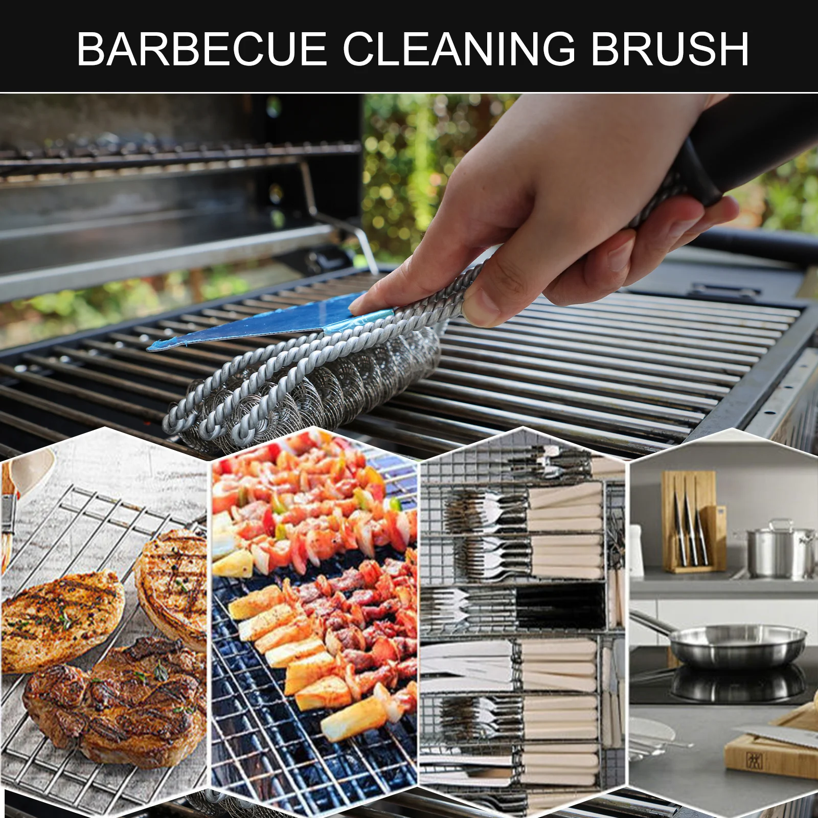 

BBQ Grill Barbecue Kit Cleaning Brush Stainless Steel Cooking Tools Wire Bristles Gadget Triple Scrubber Kitchen Accessories