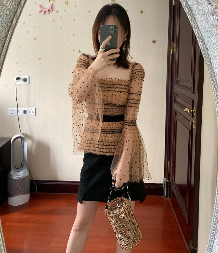 2020 весна лето женская Высококачественная рубашка в горошек с расклешенными