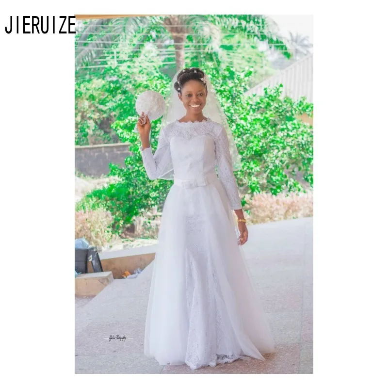

JIERUIZE White Lace Wedding Dresses Long Sleeves Jewel Neck With Bow Button Back A Line African Wedding Gowns Robe De Mariee