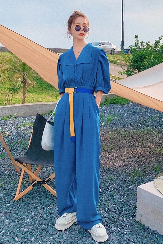 

Women Blue Jumpsuit 2021 Summer Elegant Fashion Short Sleeve Wide Leg One Piece Pants Sets Female Slim Casual Overalls with Belt