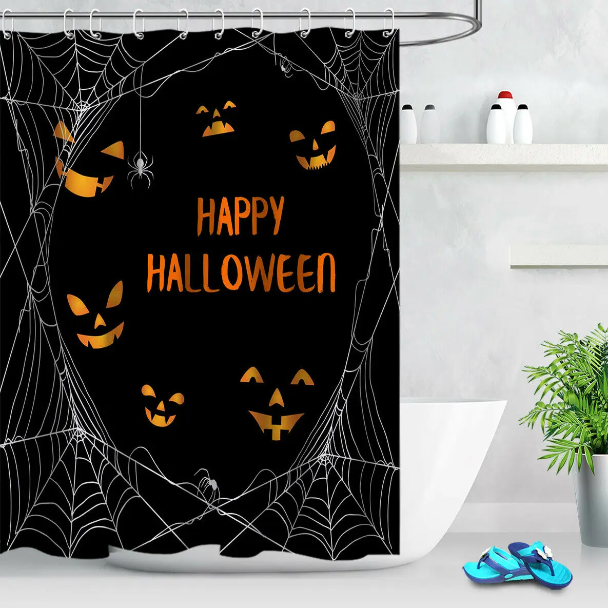 Занавеска для душа с рисунком гримаса из паутины на Хэллоуин | Дом и сад