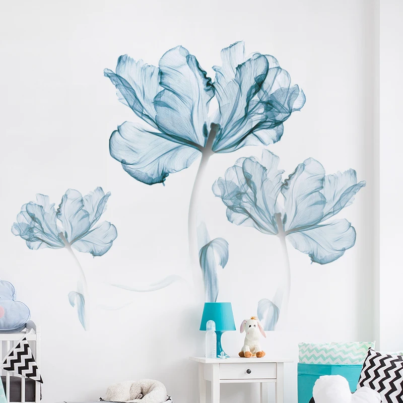 110*180cm Large Blue Flowers Wall Stickers for Living rooms Bedroom Sofa TV Background Plant Vinyl Decals Home Decoration | Дом и сад