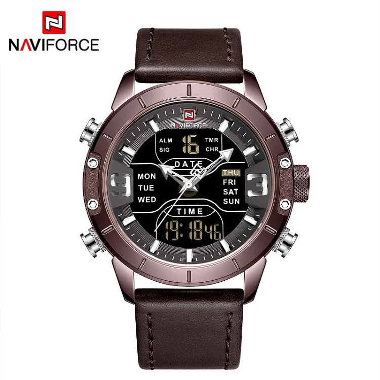 Coffee NAVIFORCE аналого-цифровые часы мужские люксовый бренд из нержавеющей стали спортивные мужские часы Кварцевые водонепроницаемые мужские модные часы - Цвет: Coffee
